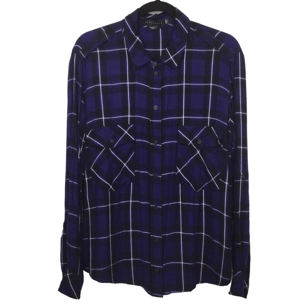 Sanctuary Women's Collared Purple Plaid Roll Tab Long Sleeve Boyfriend Shirt L